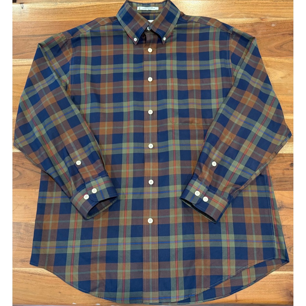 Orvis Mens L Plaid Button Down Shirt Long Sleeve Cotton Blue Brown Green L
